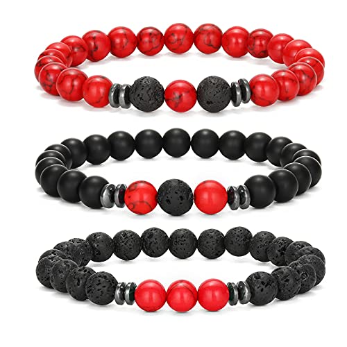 MengPa Mens Beaded Bracelets Couples Matching Bracelet Set Tiger Eye Matte Lava Rock Beads for Women Stone Jewelry (Red Howlite US4543A) - Image 1