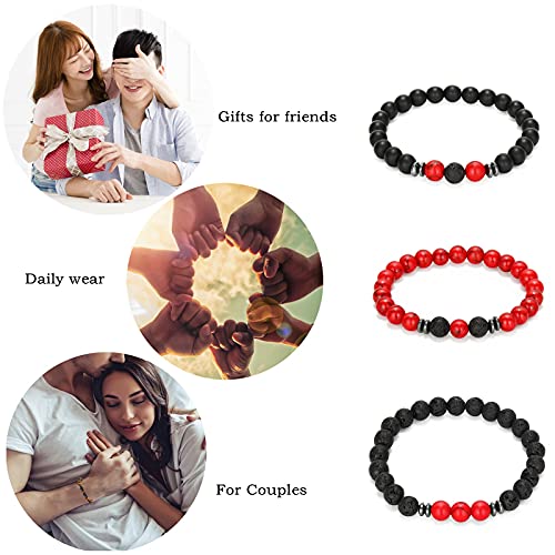 MengPa Mens Beaded Bracelets Couples Matching Bracelet Set Tiger Eye Matte Lava Rock Beads for Women Stone Jewelry (Red Howlite US4543A) - Image 2