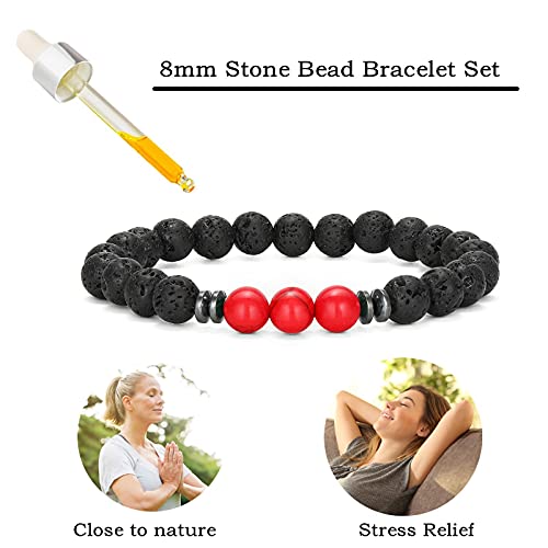 MengPa Mens Beaded Bracelets Couples Matching Bracelet Set Tiger Eye Matte Lava Rock Beads for Women Stone Jewelry (Red Howlite US4543A) - Image 3