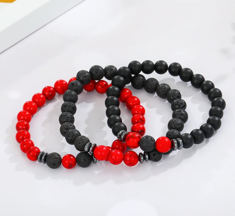 MengPa Mens Beaded Bracelets Couples Matching Bracelet Set Tiger Eye Matte Lava Rock Beads for Women Stone Jewelry (Red Howlite US4543A) - Image 5