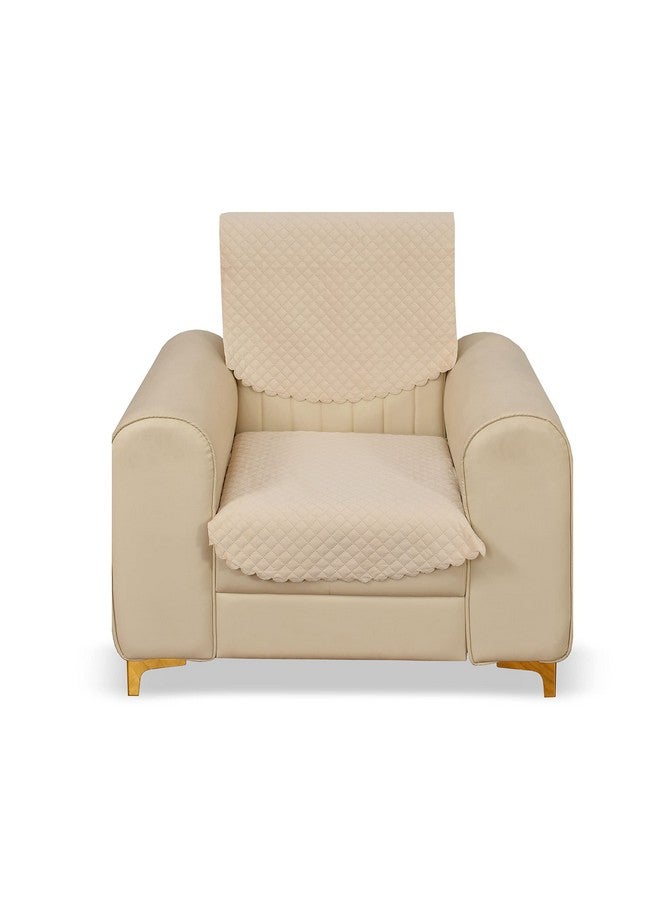 Yellow Weaves Velvet 1 Seater Self Design Quilted Sofa Chair Cover, Seat&Back Cover, Color - Beige - Image 1