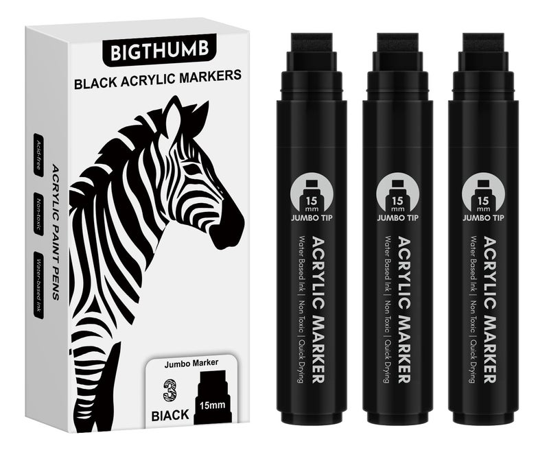 BIGTHUMB 3 Pcs Black Jumbo Permanent Markers 15mm Wide Tip Thick Acrylic Paint Pen Large Calligraphy Marker for Rock Painting Poster Sign Canvas Glass Wood Ceramic