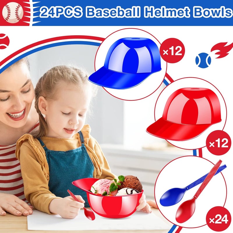 CLRBEATTY 24 Pack Baseball Helmet Ice Cream Bowls with Spoons8 oz Plastic Baseball Helmet Snack Dessert BowlMini Baseball Cap Bowls for Ice Cream Party Supplies Birthday RedBule - Image 3