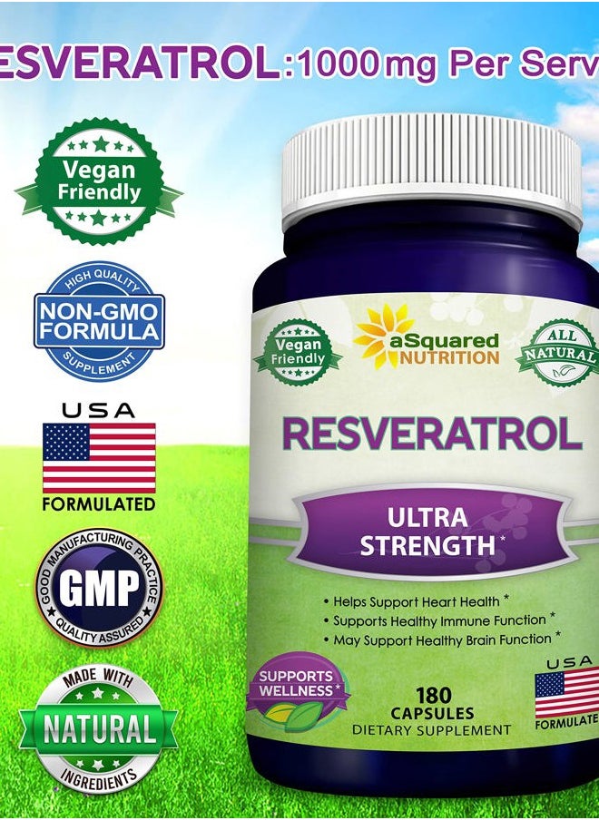 aSquared Nutrition - 100% Natural Resveratrol - 1000mg Per Serving Max Strength (180 Capsules) Antioxidant Supplement, Trans-Resveratrol Pills for Heart Health & Pure, Polyphenols - Image 1