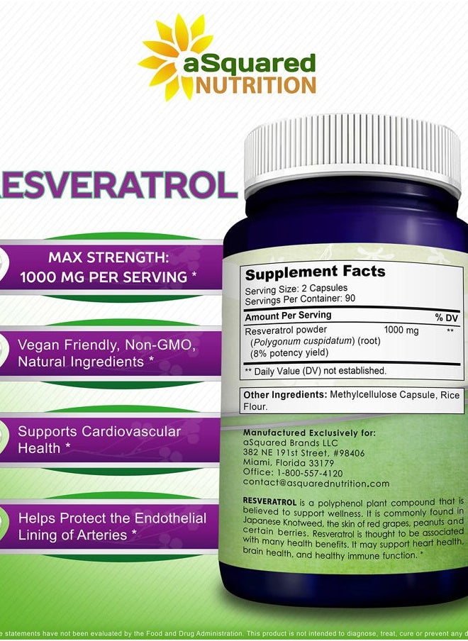 aSquared Nutrition - 100% Natural Resveratrol - 1000mg Per Serving Max Strength (180 Capsules) Antioxidant Supplement, Trans-Resveratrol Pills for Heart Health & Pure, Polyphenols - Image 1