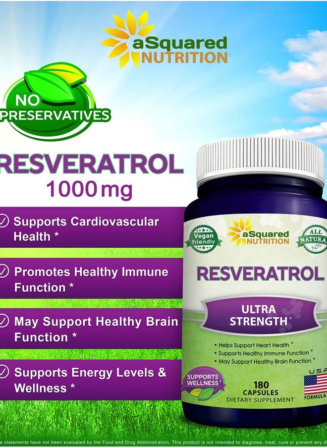 aSquared Nutrition - 100% Natural Resveratrol - 1000mg Per Serving Max Strength (180 Capsules) Antioxidant Supplement, Trans-Resveratrol Pills for Heart Health & Pure, Polyphenols - Image 1