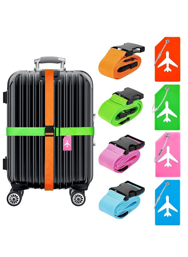 Luggage Straps Set, 4pcs Travel Suitcase Straps with 4pcs Silicone Luggage Tags, Adjustable Suitcase Belts, Suitcase Tags with Name ID Card for Luggage Suitcase Travel Accessories Multi-Coloured - Image 1