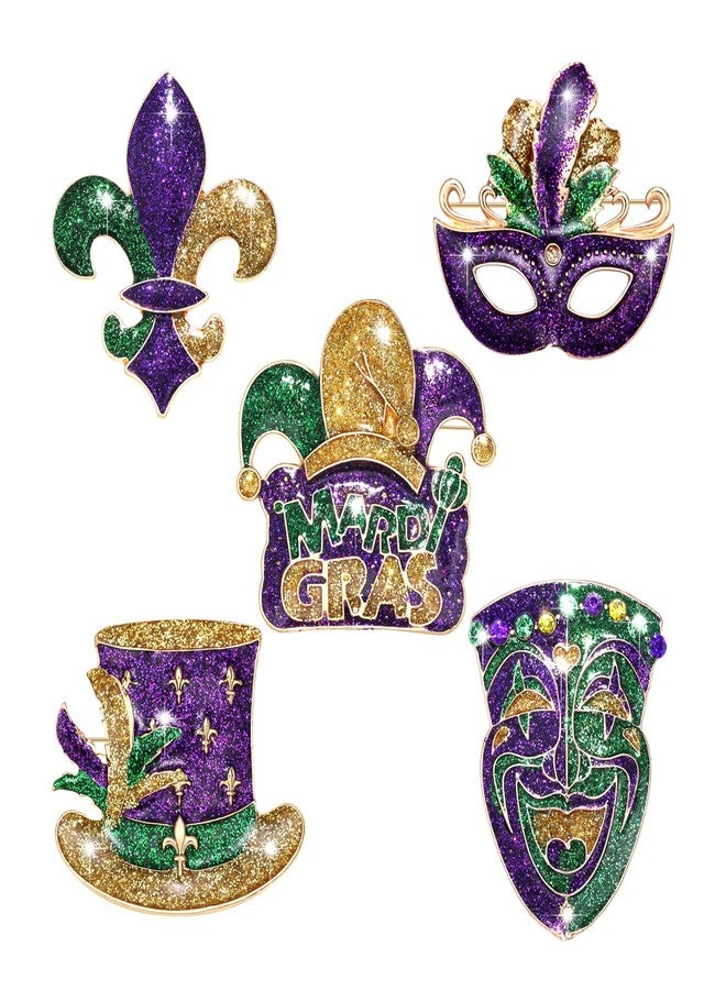ARATLENCH Mardi Gras Brooches Glitter Fleur de Lis Mask Skull Hat Crown Brooches Pins Festival Holiday Carvinal Party Favor Customer Accessories Gift (Mardi Gras Brooch A sets) - Image 1