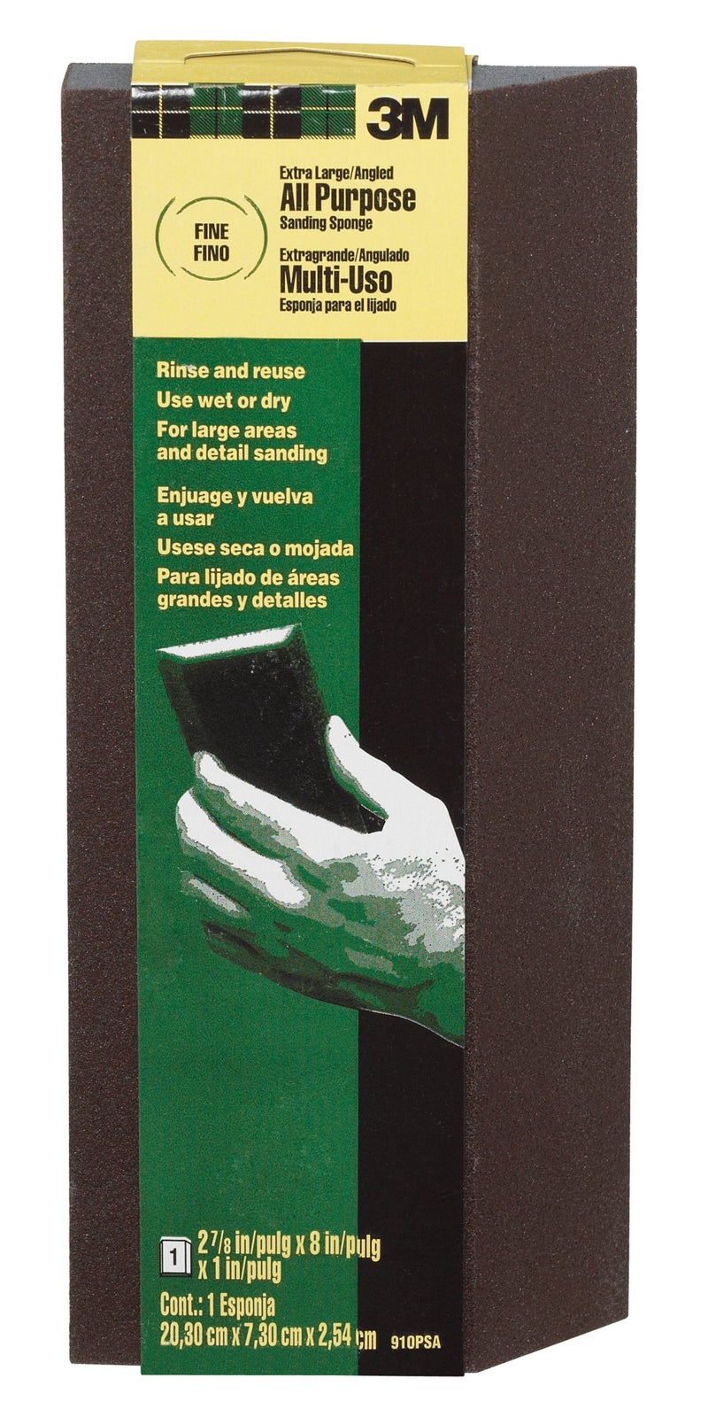 3M Sanding Sponge Block, Single Angle, Fine Grits, Extra Large, 2-7/8 in x 8 in, Designed For Sanding Wood, Paint, Metal, Plastic or Drywall, Features 3M Abrasive, Durable Flexible Foam (910PSA-12-CC)
