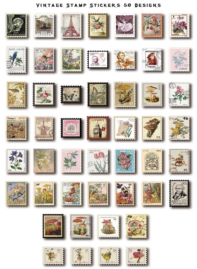 PRSTINCOL Vintage Postage Stamp Stickers for Scrapbook, 100 Pcs Deco Paper Stickers for Bullet Journal,Botanical Fairy Stickers for Junk Journal, DIY Crafts,Collage Album (Stamp-Like) - Image 2