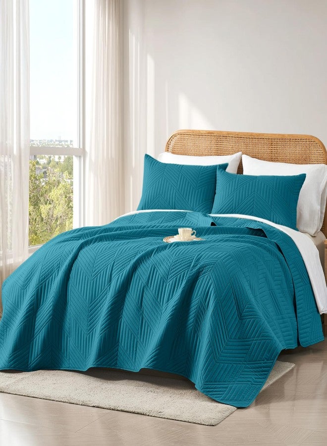 Davulos Queen Quilt Bedding Set,Teal Ultrasonic Full/Queen Quilt Set Reversible Microfiber Bedspread,Lightweight Soft Modern Geometric Coverlet Set for All Seasons(1 Quilt,2 Pillow Shams) - Image 2