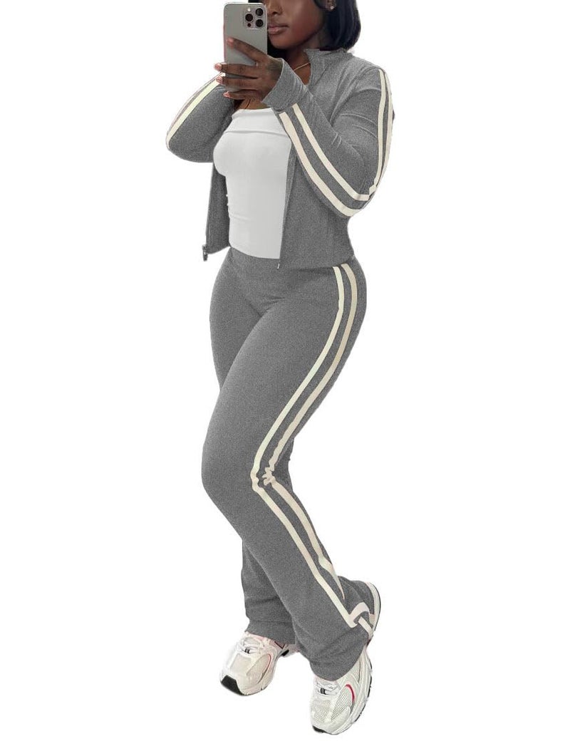 HBQ Women's 2 Piece Sweatsuit Sets Zip Up Crop Tops and Flare Pants Casual Striped Tracksuit Jogger Loungewear Set-Grey-XXL - Image 1