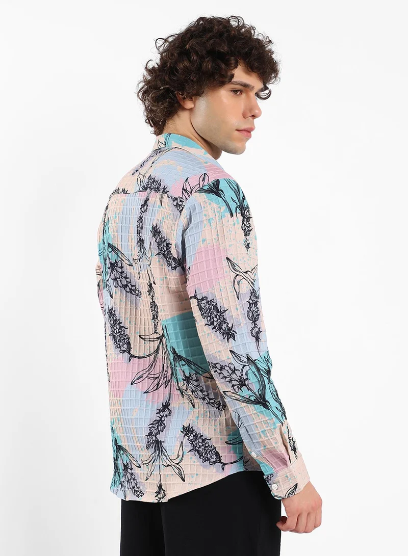 كامبوس سوترا Men's Multicolour Sprig-Waffle Shirt