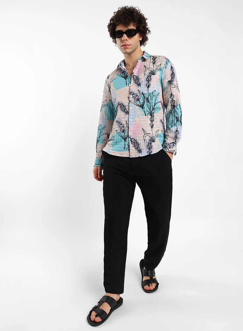 كامبوس سوترا Men's Multicolour Sprig-Waffle Shirt