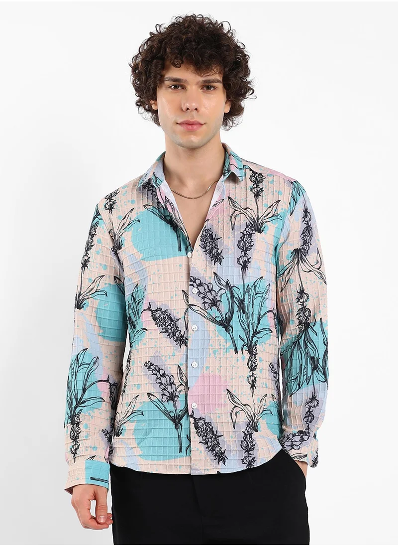 Campus Sutra Men's Multicolour Sprig-Waffle Shirt