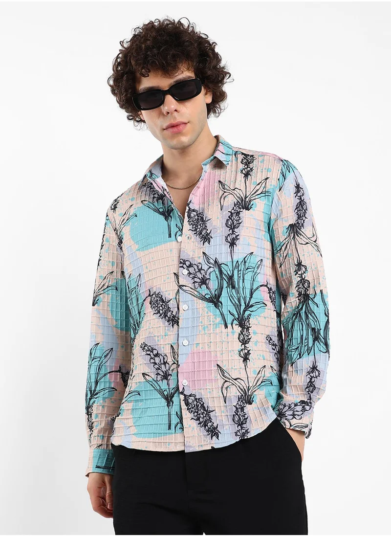 Campus Sutra Men's Multicolour Sprig-Waffle Shirt