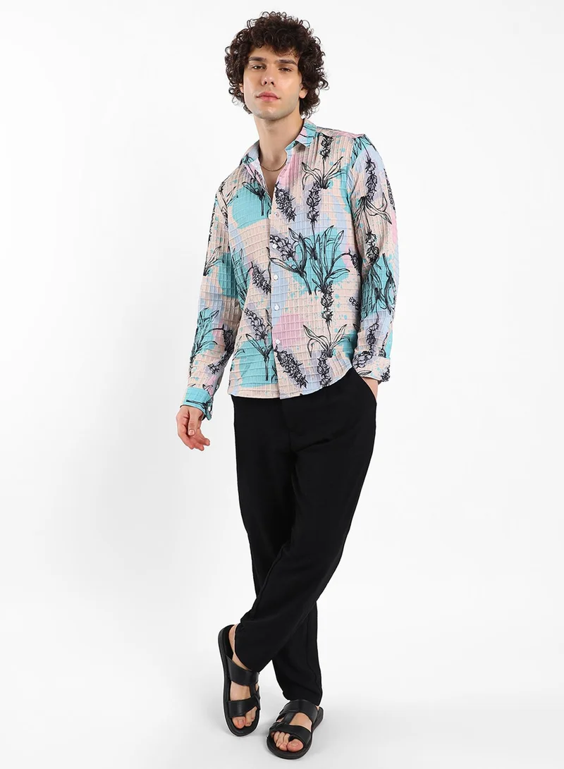 كامبوس سوترا Men's Multicolour Sprig-Waffle Shirt