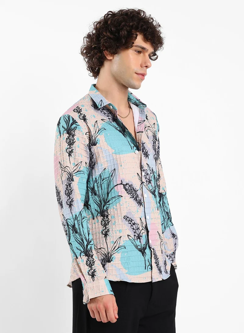 كامبوس سوترا Men's Multicolour Sprig-Waffle Shirt