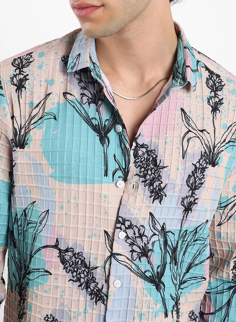 كامبوس سوترا Men's Multicolour Sprig-Waffle Shirt