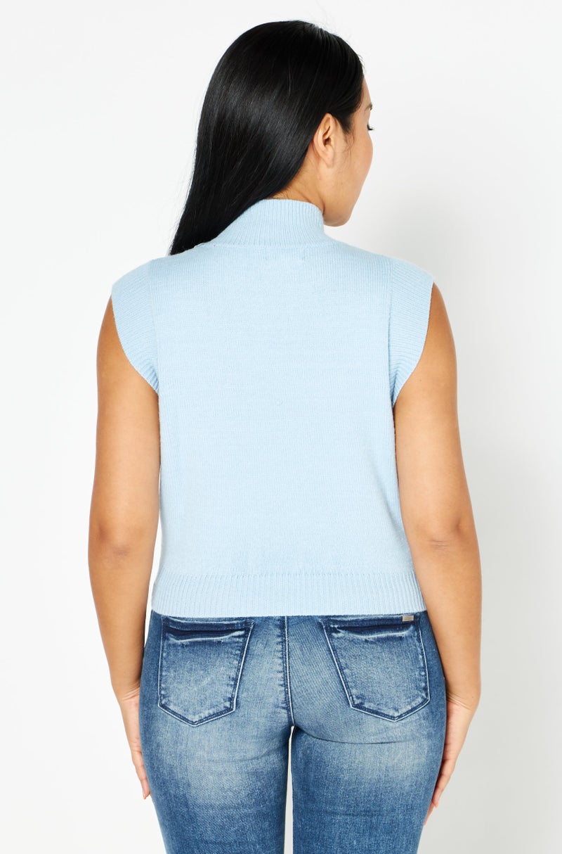 Women Mock Neck Cap Sleeves Knitted Top, Sky Blue