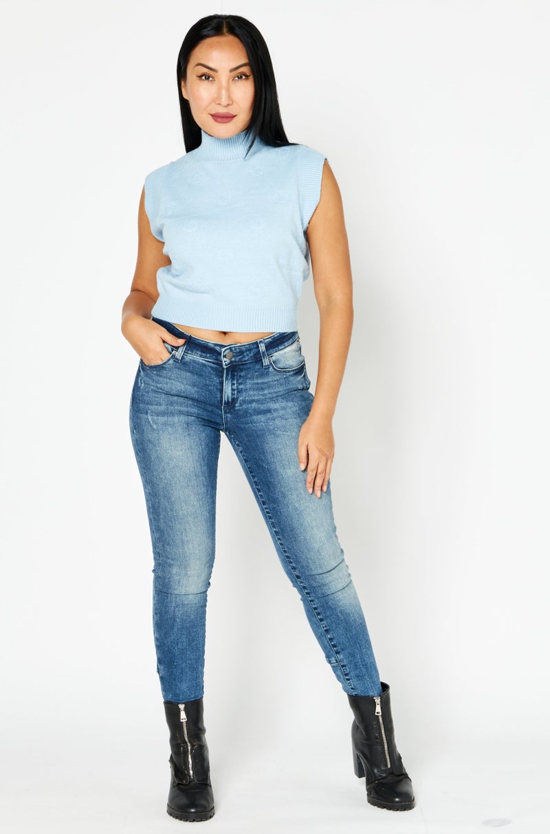 Women Mock Neck Cap Sleeves Knitted Top, Sky Blue