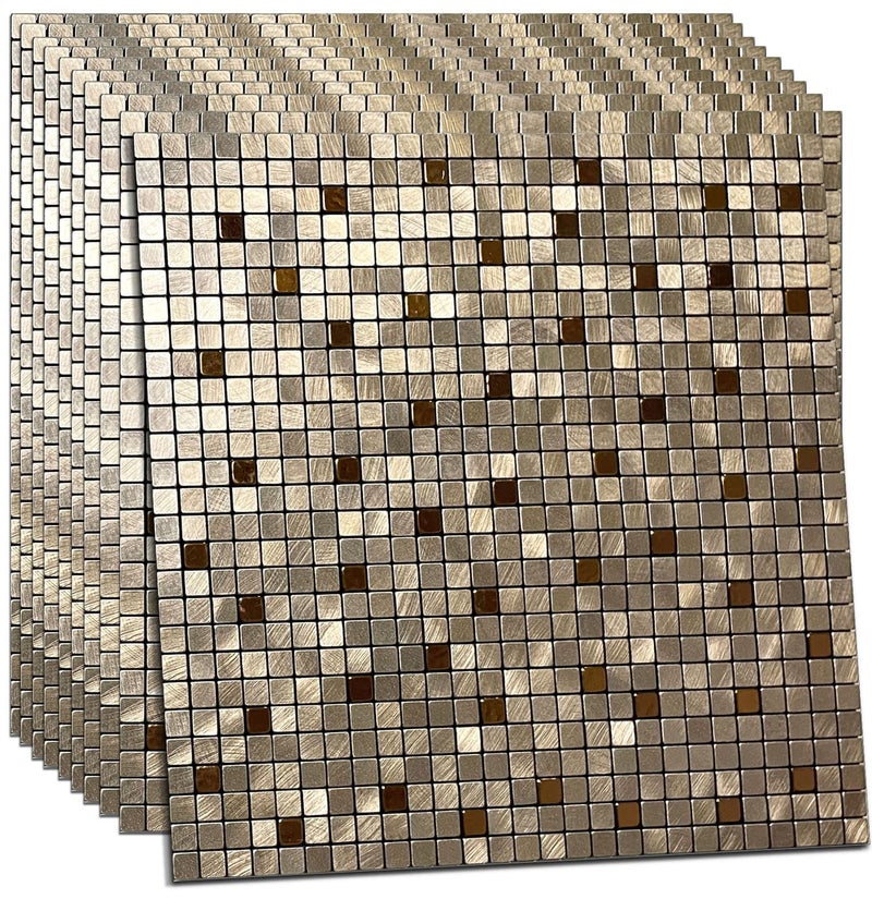 XUANINY 10-Piece Peel and Stick Backsplash for Kitchen Aluminum 3D Wall Sticker Panel Self-Adhesive Metal Mosaic Tile (11.41"x11.41" Bronze) - Image 1