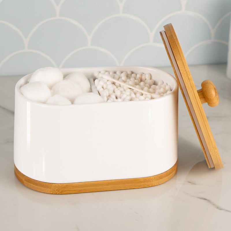 DAILY RITMO® Cotton Swab & Ball Holder 2 Compartment | Bamboo Bottom Bathroom Accessories | Vanity Contertop Container for Bath Salt with a Wooden Lid | White Resin Plastic Apothecary Jar Dispenser - Image 1