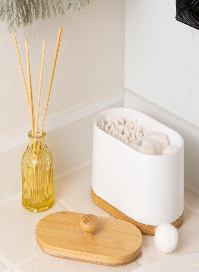 DAILY RITMO® Cotton Swab & Ball Holder 2 Compartment | Bamboo Bottom Bathroom Accessories | Vanity Contertop Container for Bath Salt with a Wooden Lid | White Resin Plastic Apothecary Jar Dispenser - Image 2
