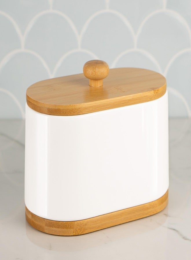 DAILY RITMO® Cotton Swab & Ball Holder 2 Compartment | Bamboo Bottom Bathroom Accessories | Vanity Contertop Container for Bath Salt with a Wooden Lid | White Resin Plastic Apothecary Jar Dispenser - Image 3