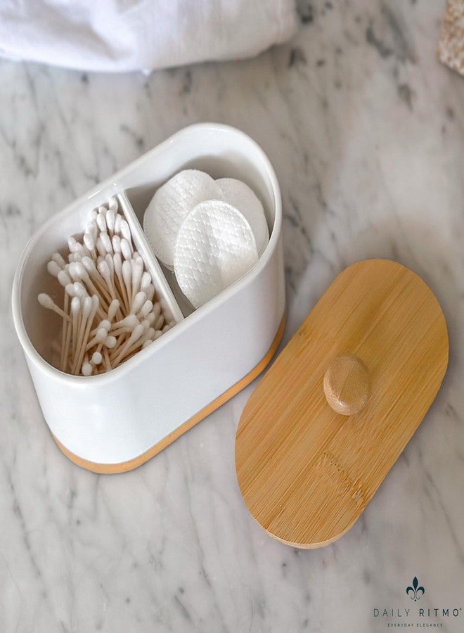 DAILY RITMO® Cotton Swab & Ball Holder 2 Compartment | Bamboo Bottom Bathroom Accessories | Vanity Contertop Container for Bath Salt with a Wooden Lid | White Resin Plastic Apothecary Jar Dispenser - Image 5