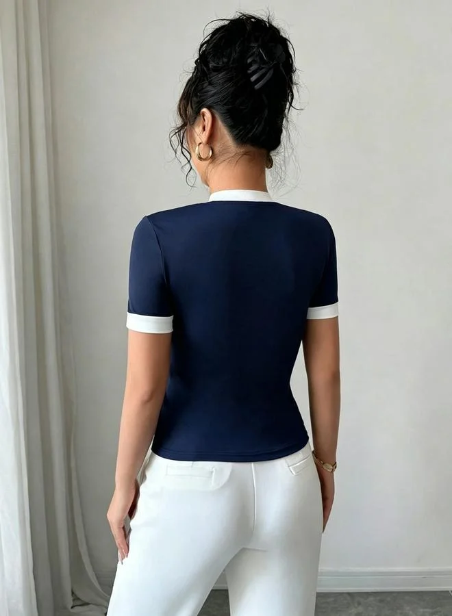 Take Two Navy Blue Short Sleeve Top with Bow Detail