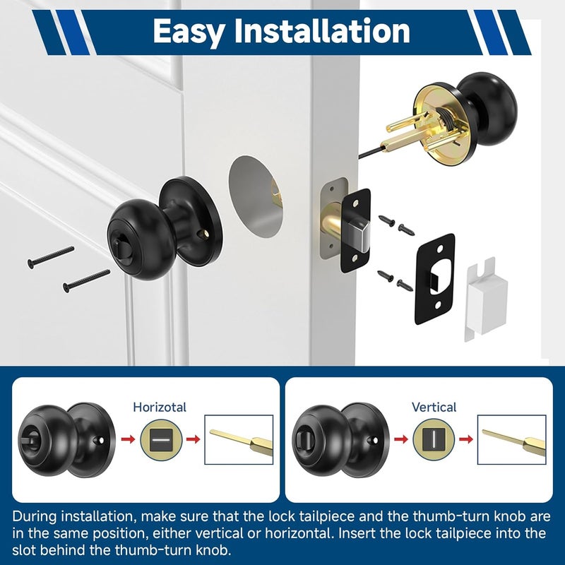 Estmoon 5 Pack Interior Door Knobs Black Privacy Door Handle, Keyless Door Locks for Interior Doors Locks for Bedroom/Bathroom, Interior Lockset for Left/Right Handled Doors - Image 5