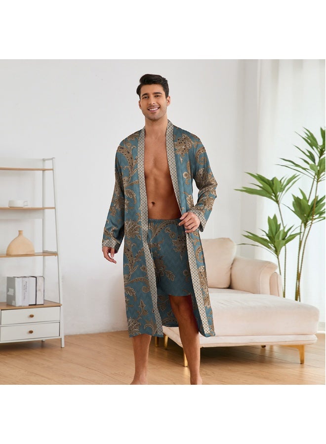 Feraco Middle Eastern Style Men's Printed Bathrobe Set, Saudi Arabia/Dubai Robe Loungewear, Shorts, Long-Sleeved Bathrobe, Luxurious Imitation Silk Fabric - Image 4