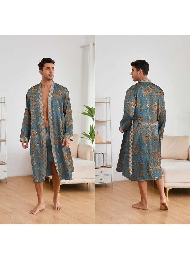Feraco Middle Eastern Style Men's Printed Bathrobe Set, Saudi Arabia/Dubai Robe Loungewear, Shorts, Long-Sleeved Bathrobe, Luxurious Imitation Silk Fabric - Image 5