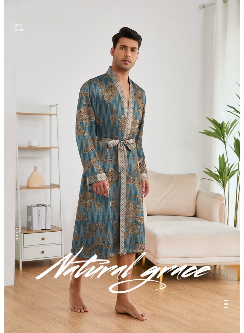 Feraco Middle Eastern Style Men's Printed Bathrobe Set, Saudi Arabia/Dubai Robe Loungewear, Shorts, Long-Sleeved Bathrobe, Luxurious Imitation Silk Fabric - Image 3
