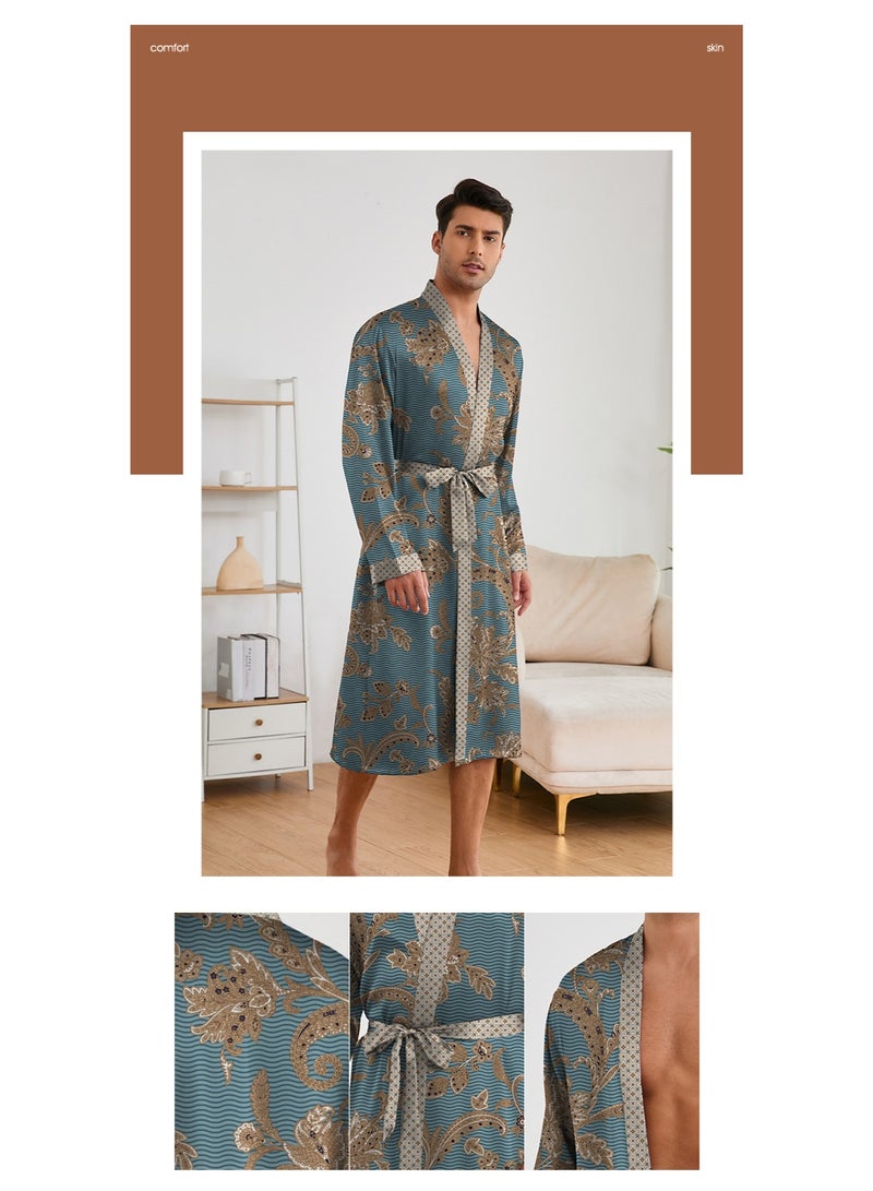 Feraco Middle Eastern Style Men's Printed Bathrobe Set, Saudi Arabia/Dubai Robe Loungewear, Shorts, Long-Sleeved Bathrobe, Luxurious Imitation Silk Fabric - Image 2