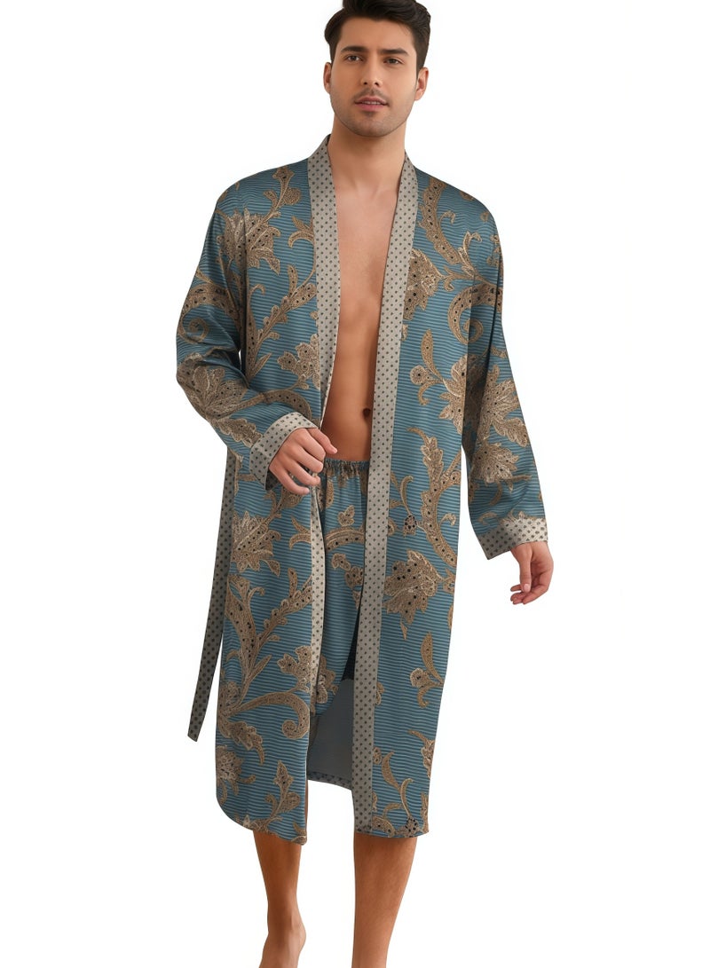 Feraco Middle Eastern Style Men's Printed Bathrobe Set, Saudi Arabia/Dubai Robe Loungewear, Shorts, Long-Sleeved Bathrobe, Luxurious Imitation Silk Fabric - Image 1