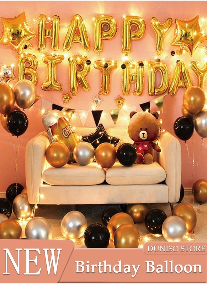 DUNISO - Luxurious Black Gold Birthday Decorations for Adult and Kids Happy Birthday Party Decorations Happy Birthday Banner and Balloon Birthday Balloon Letters - Image 1