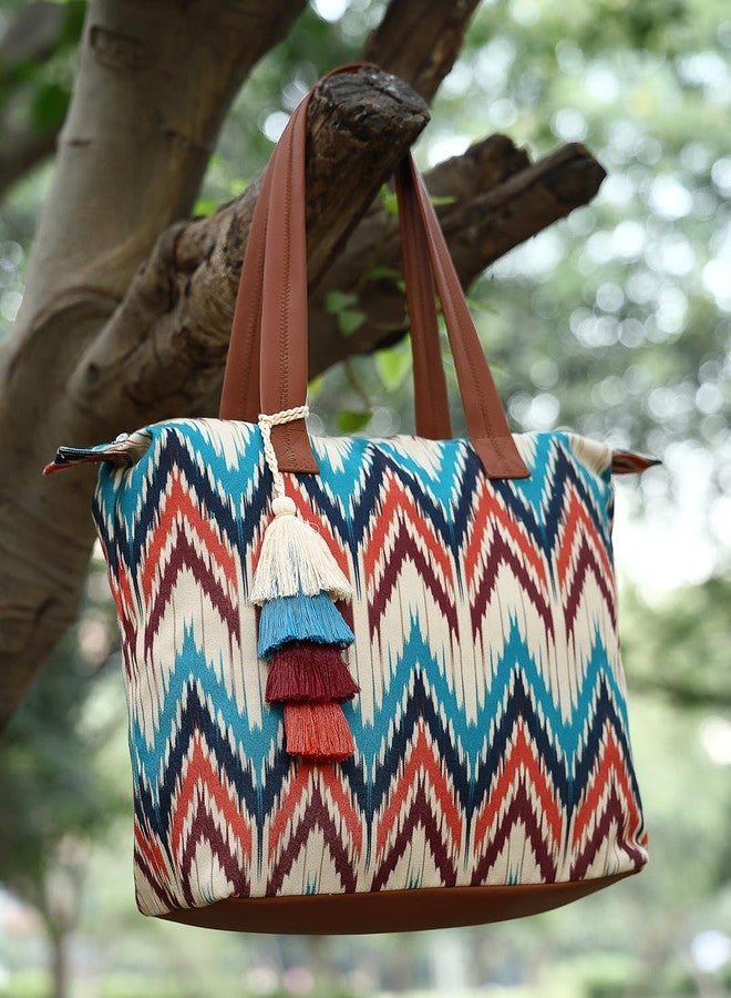 Anekaant Rangoli Cream, Tan & Multi Ikat Digital Printed Polycotton Canvas & PU Tote Bag - Image 3