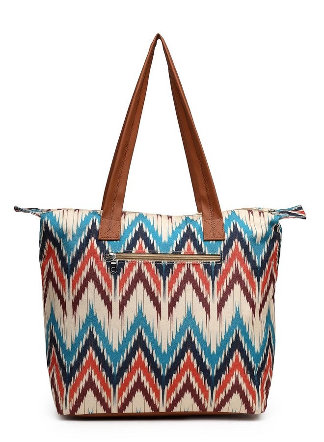 Anekaant Rangoli Cream, Tan & Multi Ikat Digital Printed Polycotton Canvas & PU Tote Bag - Image 5