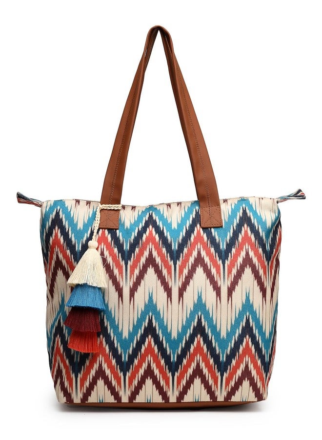 Anekaant Rangoli Cream, Tan & Multi Ikat Digital Printed Polycotton Canvas & PU Tote Bag - Image 1