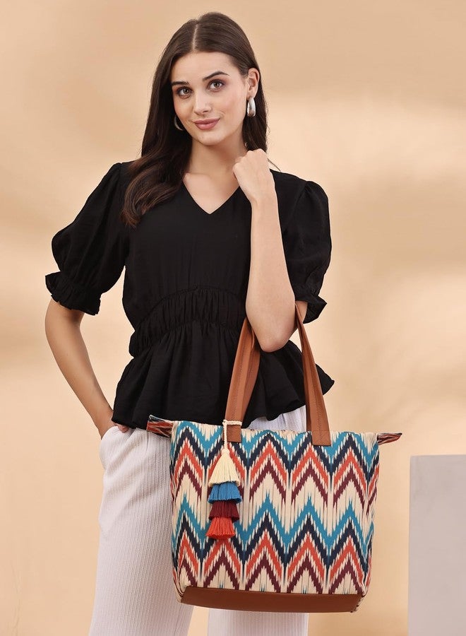 Anekaant Rangoli Cream, Tan & Multi Ikat Digital Printed Polycotton Canvas & PU Tote Bag - Image 2