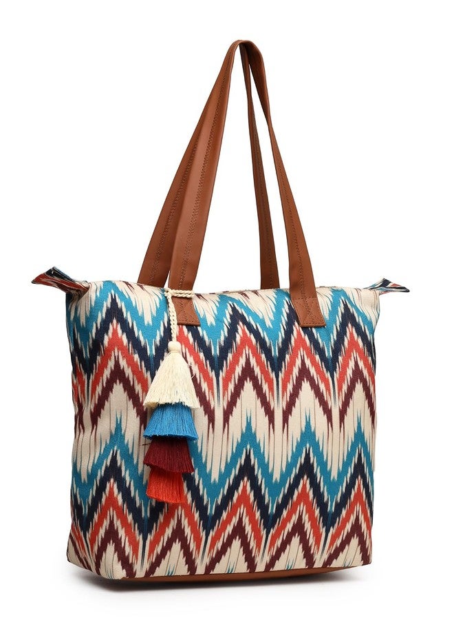 Anekaant Rangoli Cream, Tan & Multi Ikat Digital Printed Polycotton Canvas & PU Tote Bag - Image 4