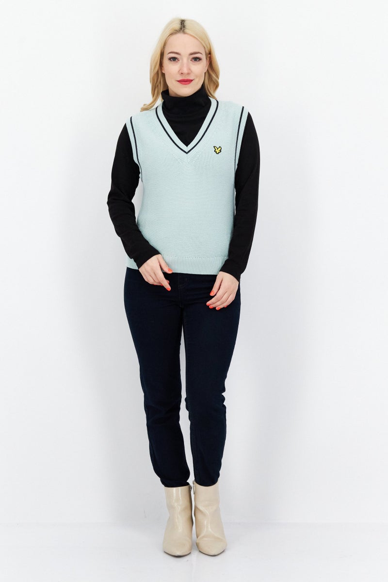 Lyle & Scott Women V-Neck Crochet Sweater Vest, Mint Green - Image 2