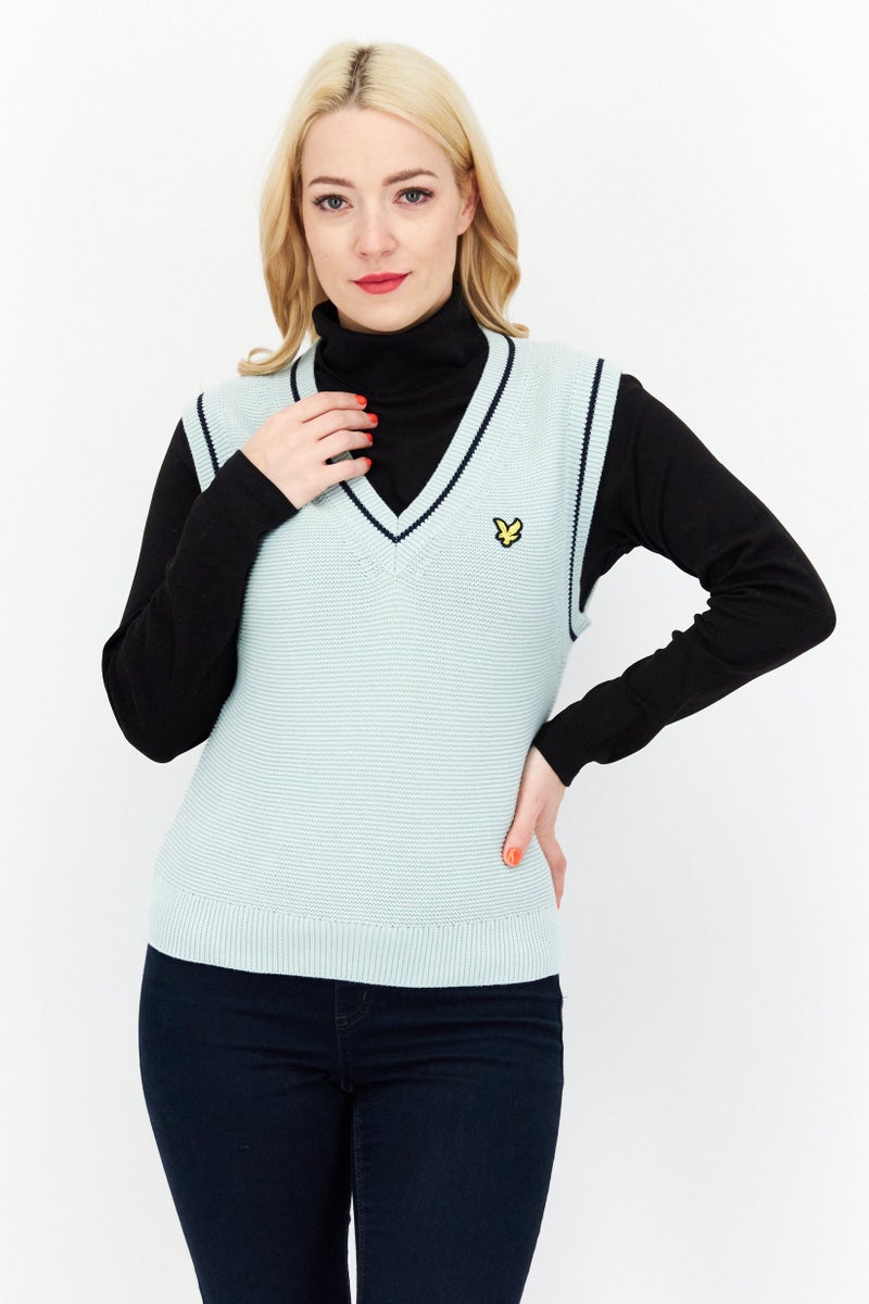 Lyle & Scott Women V-Neck Crochet Sweater Vest, Mint Green - Image 1