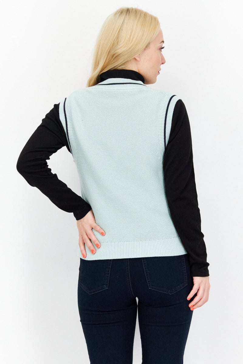 Lyle & Scott Women V-Neck Crochet Sweater Vest, Mint Green - Image 4