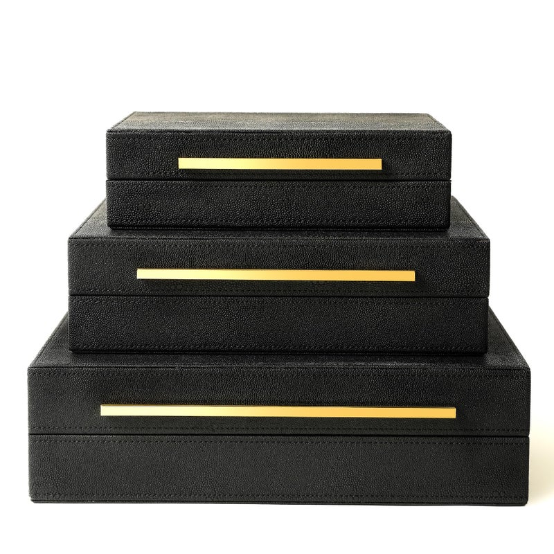 Sanfubox Modern Decorative Box Faux Shagreen Leather Decorative Storage Boxes with Lids for Home Decor Large Multifunctional Storage Jewelry Box Organizerblack 3PCS