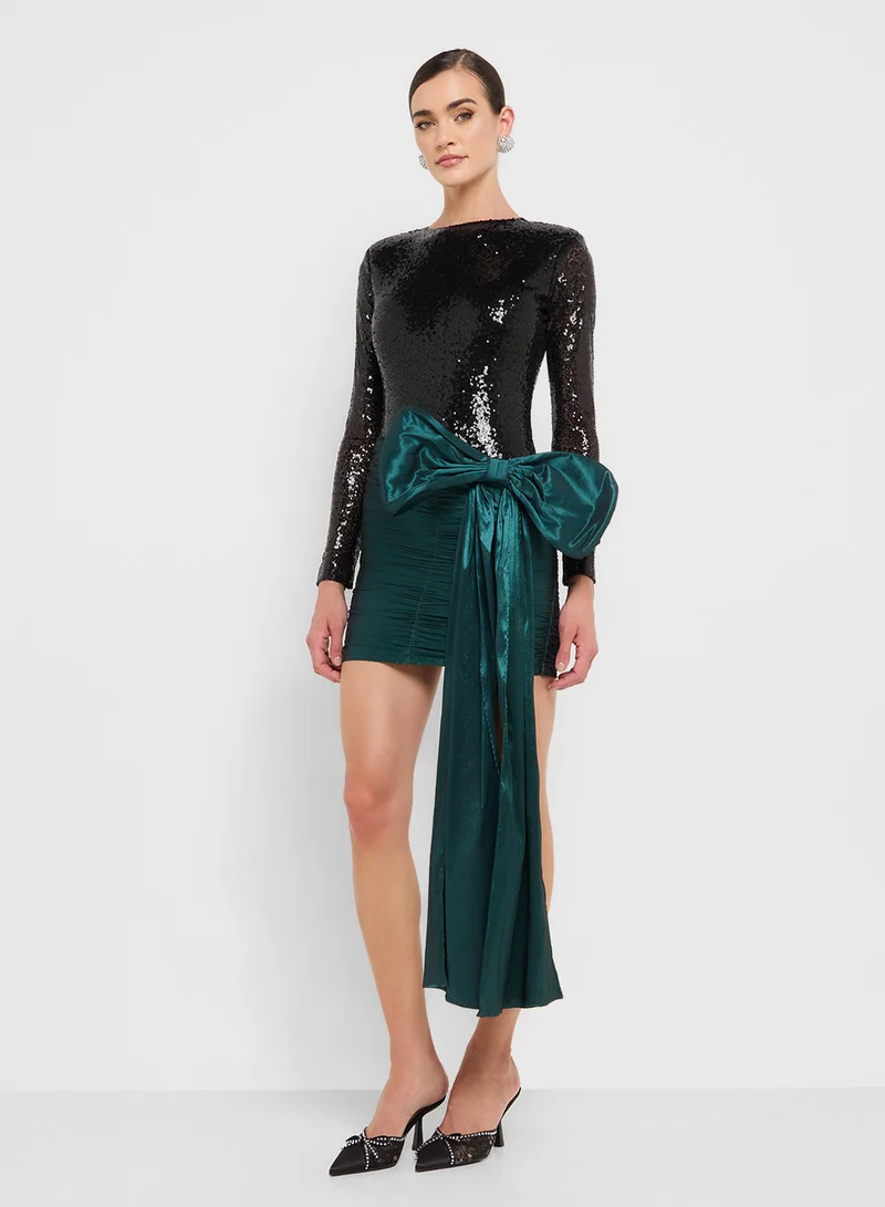 Ginger Boutique eclat luxe sequin bodycon dress with bow wrap trail