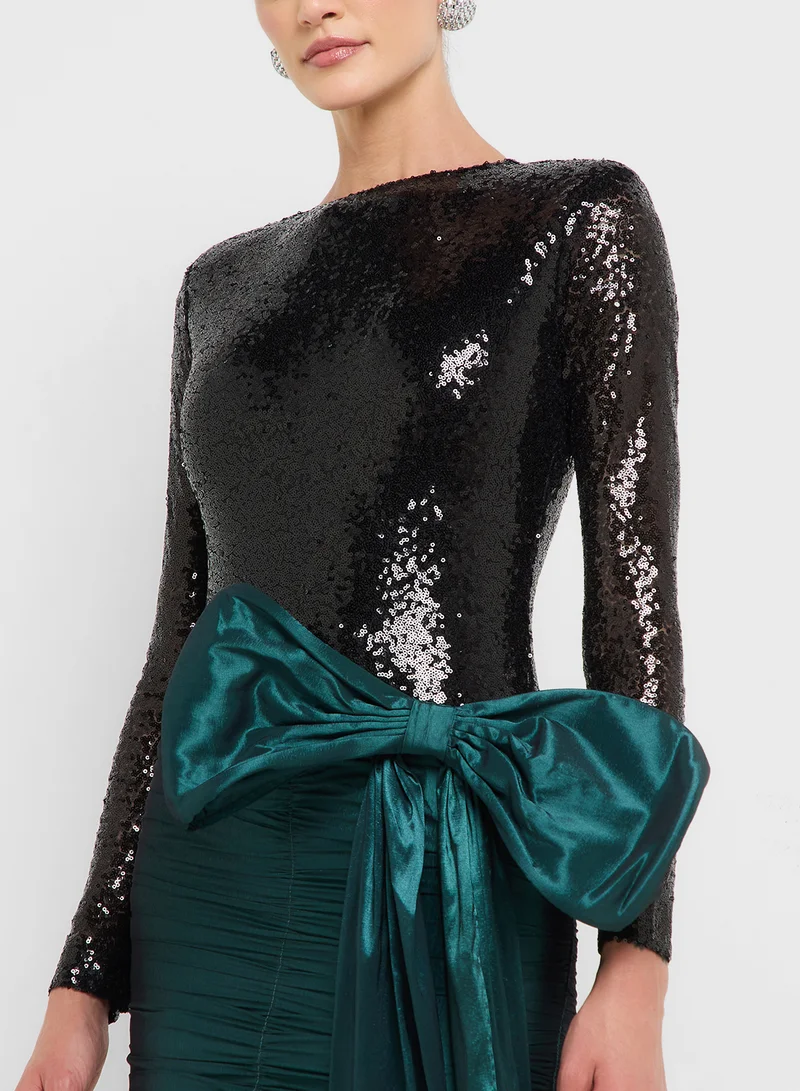Ginger Boutique eclat luxe sequin bodycon dress with bow wrap trail