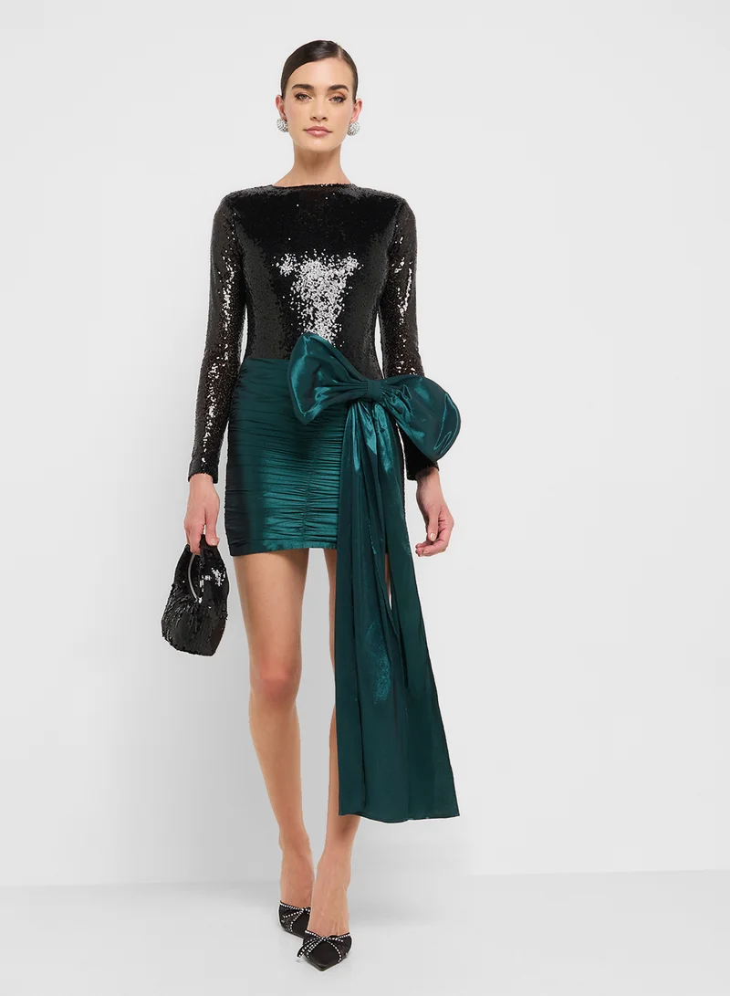 Ginger Boutique eclat luxe sequin bodycon dress with bow wrap trail